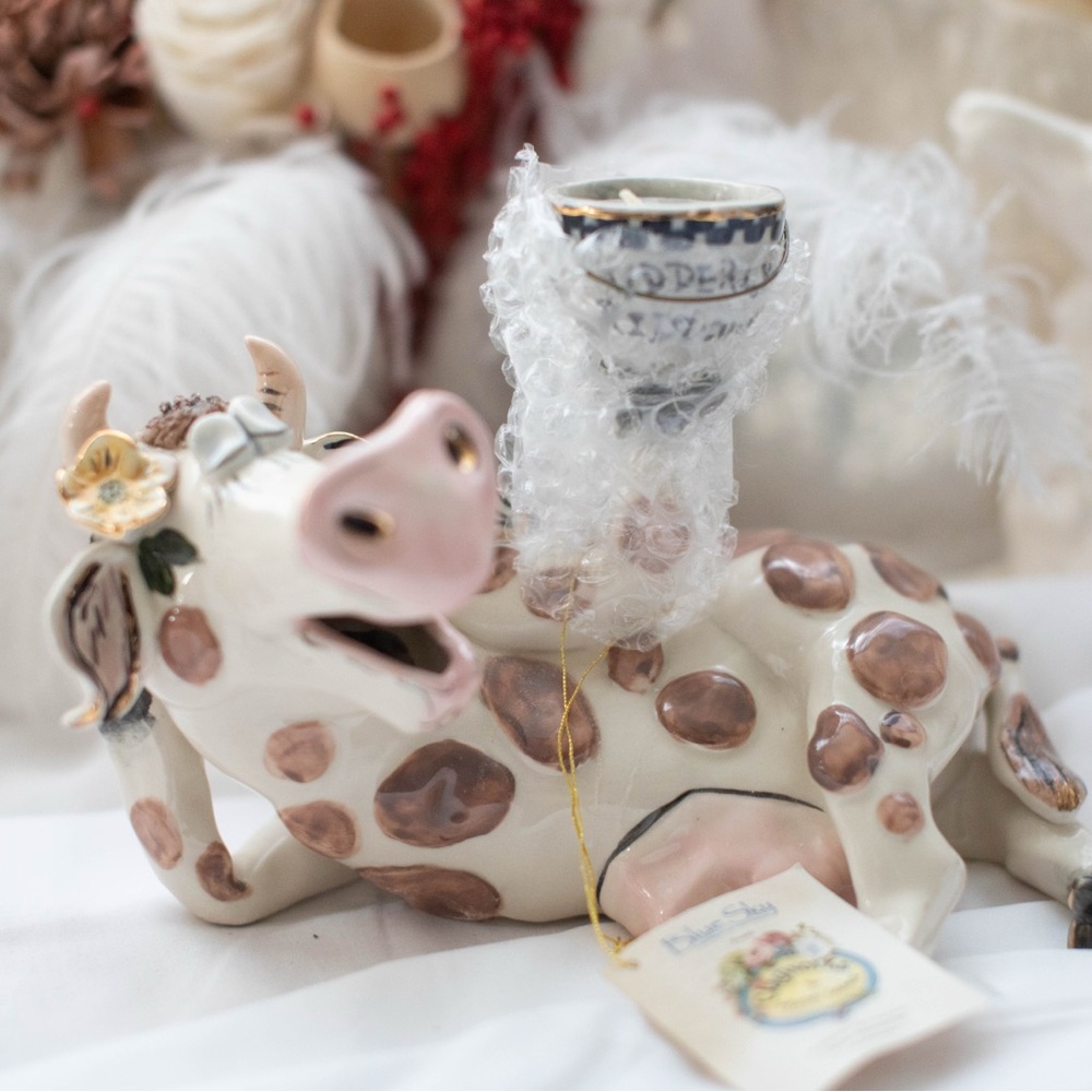 Charming Cow Candle Holder with Brown Spots | Blue Sky